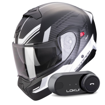 Casque Transformable Scorpion Exo 930 Evo Sikon Matt Black White + Kit Bluetooth Lokui K30